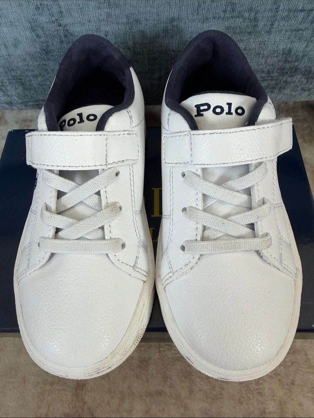 Polo by Ralph Lauren White Leather Kids Sneakers with Navy Trim Unisex